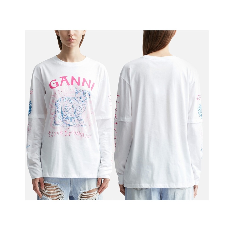 GANNI Light Jersey Cat T-Shirt Women XL Graphic Long Sleeve Organic Cotton White